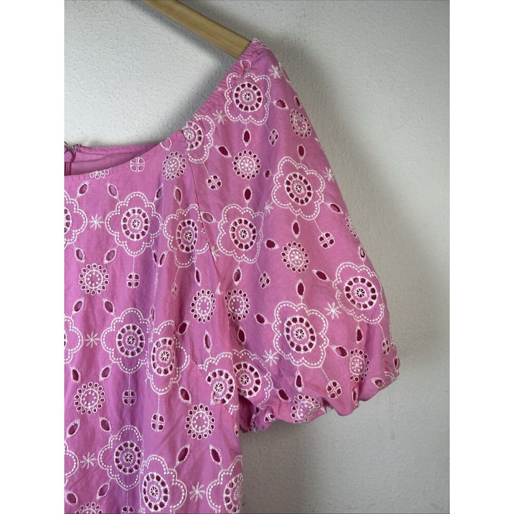 Talbots 18 pink eyelet embroidered lined Cotton Shift Dress Puff sleeves plus - Picture 4 of 12